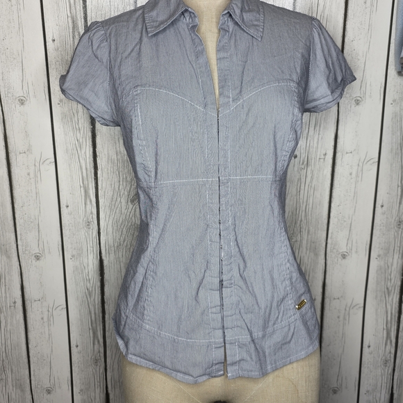 Guess Tops - Vintage Guess Pinstripe Hook & Eye Back Cutout Corset Top L